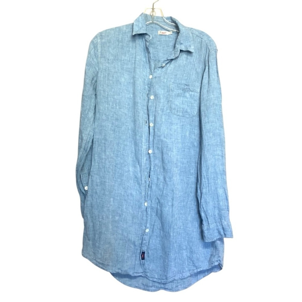 Faherty Long Sleeve Chambray Linen Dress Blue